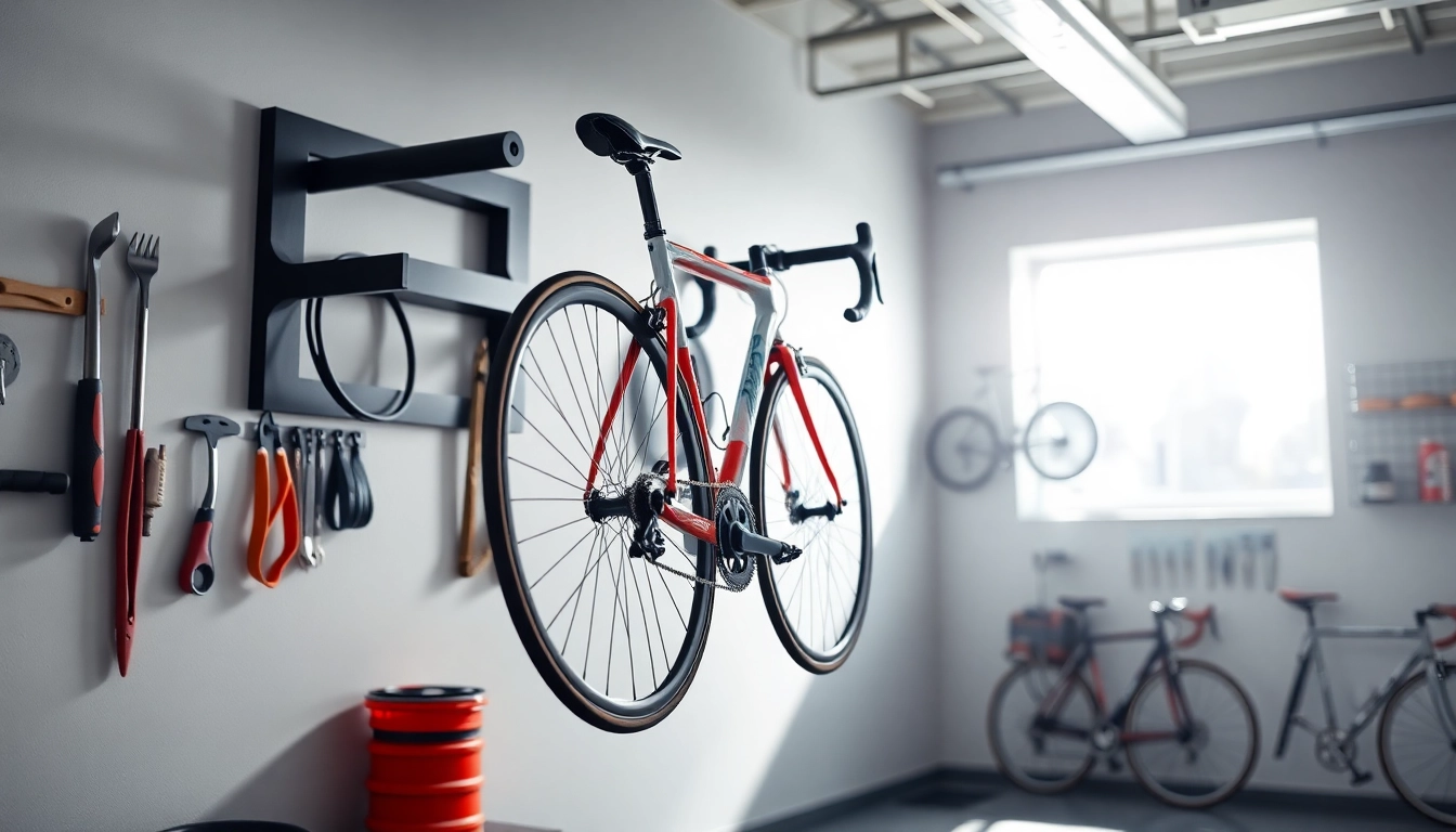 Showcasing a stylish Bicycle wall hanger that highlights bike storage solutions in a modern garage.