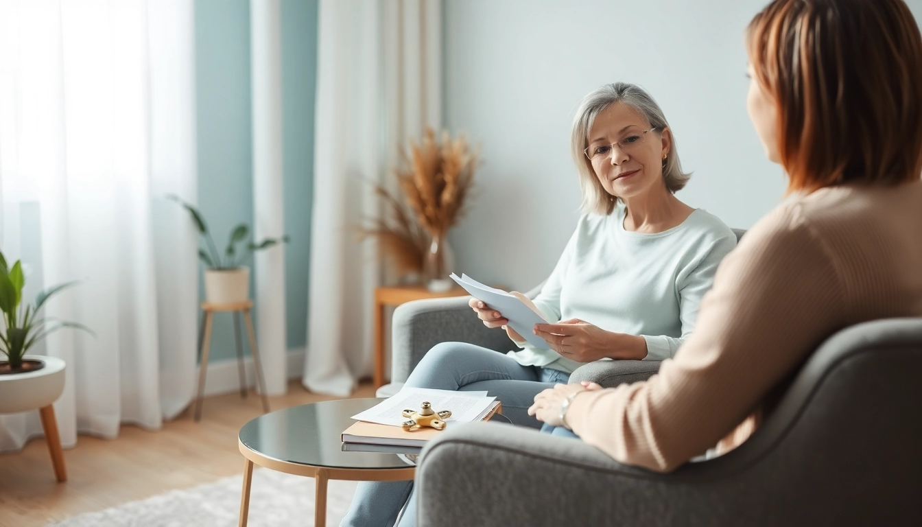 Anxiety relief session between a therapist and patient in a calming office.
