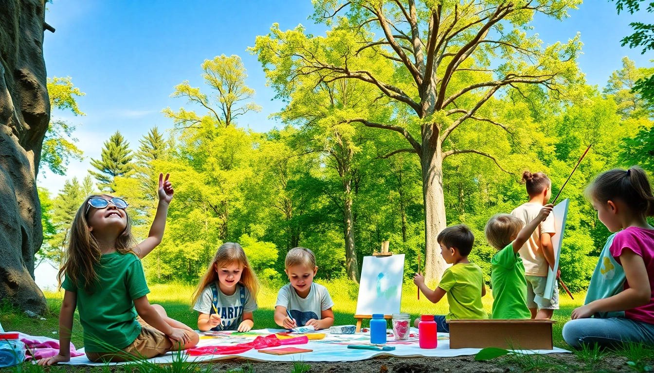 Children enjoying exciting holiday camps activities like painting, climbing, and crafting in a vibrant outdoor setting.